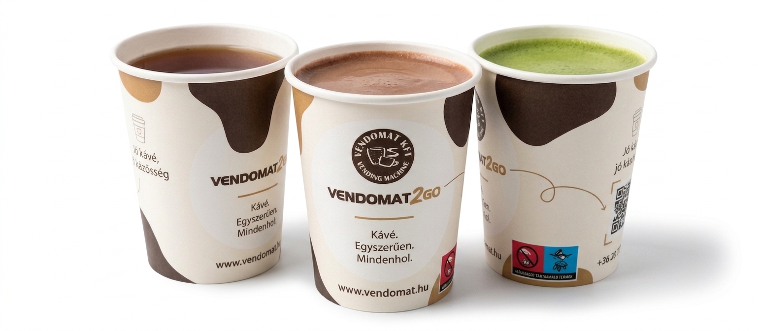 Vendomat2go papírpoharak: kávé, forró csoki és matcha